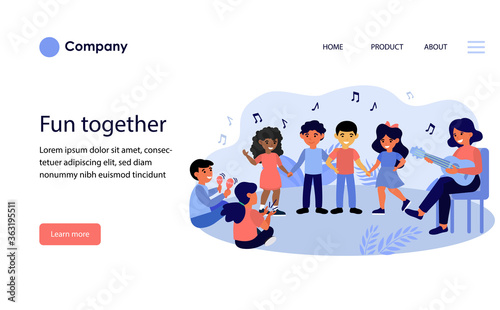 Children enjoying music class. Teacher playing guitar, dancing, singing flat vector illustration. School, teaching, childhood concept for banner, website design or landing web page