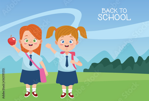little students girls with uniforms characters