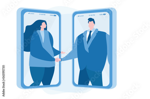 Business Partners Handshaking Through Smartphone Screens. Vector illustration for social media, web, print, presentation.
