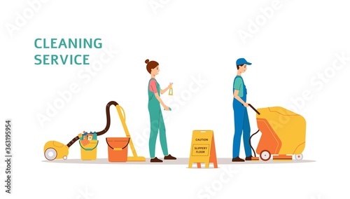 Cleaning service banner with cleaners staff, flat vector illustration isolated.