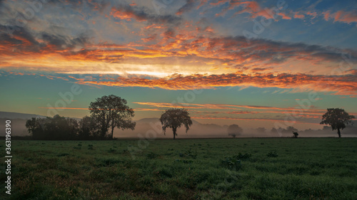 Le lever de soleil  par un petit matin brumeux  dans la campagne du Bugey  dans le d  partement de l Ain en Auvergne-Rh  ne-Alpes. 