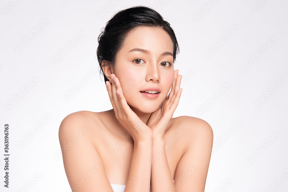 Beautiful Young asian Woman touching her clean face with fresh Healthy Skin, isolated on white background, Beauty Cosmetics and Facial treatment Concept, Beautiful Young asian Woman touching her clean face with fresh Healthy Skin, isolated on white background, Beauty Cosmetics and Facial treatment Concept,
