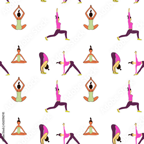 seamless pattern with images of girls doing yoga isolated on white background. Vector