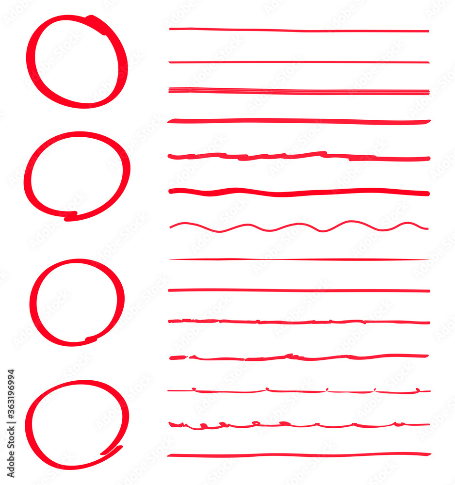 Lines and circles hand drawn vector set isolated on white background. Collection of red doodle lines and circles, hand drawn template. Creative art concept, vector illustration Lines and circles hand drawn vector set isolated on white background. Collection of red doodle lines and circles, hand drawn template. Creative art concept, vector illustration