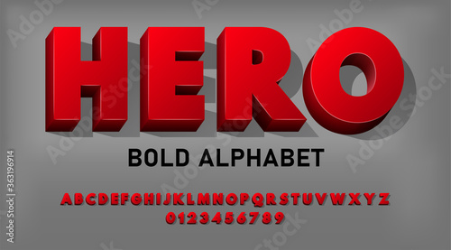 Stylized red vector bold font. Set of bold red symbols and numbers alphabet. Vector volumetric font with flat shadow.