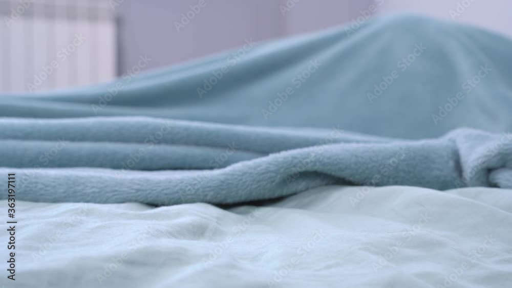 Dachshund is lying on bed, head sticking out from under covers, looking up. Dog crawls under blanket to hide from monster or owner who is going to do unpleasant procedure.