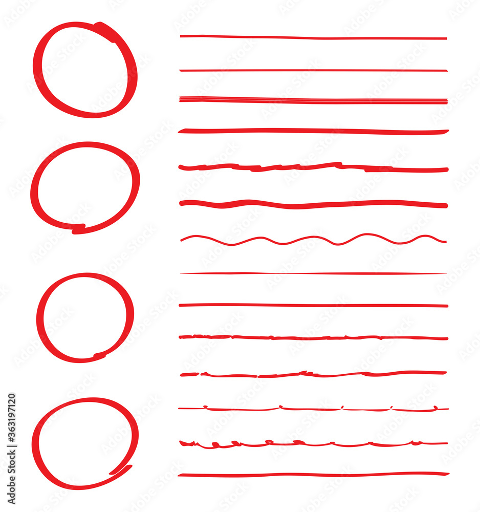 Lines and circles hand drawn vector set isolated on white background. Collection of red doodle lines and circles, hand drawn template. Creative art concept, vector illustration Lines and circles hand drawn vector set isolated on white background. Collection of red doodle lines and circles, hand drawn template. Creative art concept, vector illustration