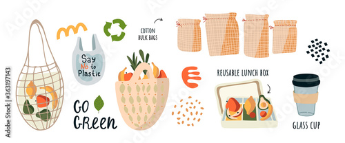 Go to zero waste, without the plastic slogan go green. Reusable eco food bags, a set of cotton bags, metal tubes, a glass cup for coffee, say no to the plastic. Slogan, sticker, design elements