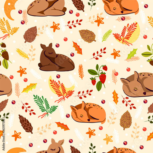 Wrapping paper seamless pattern with sleeping deer in Scandinavian style. Autumn Nordic background for prints, apparel, textile. Vector fall texture with leaves, stars, cones, branches.