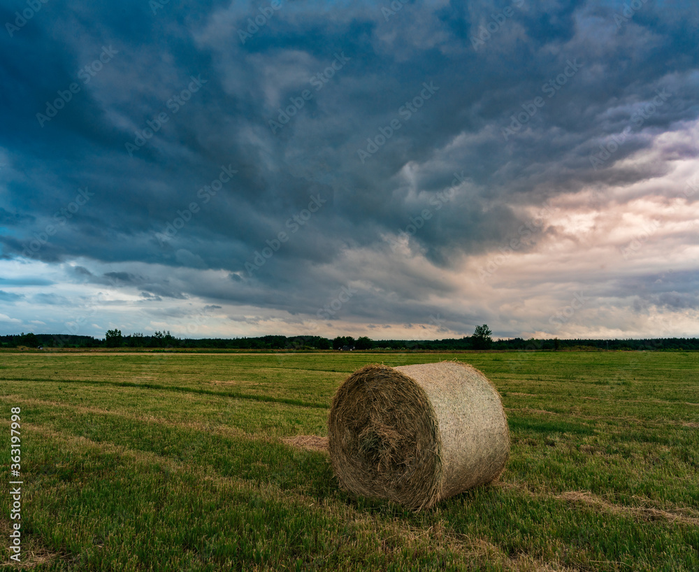 Countryside. A storm is coming. Haystack on the field.