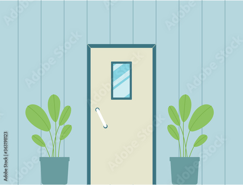 Front door of the house with small rectangle window on blue wall