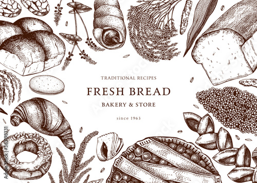 Bakery frame design. With cakes, bread, pastries, cookies, brownies hand drawings. Great for bakery, packaging, menu, label, recipe, food delivery. 