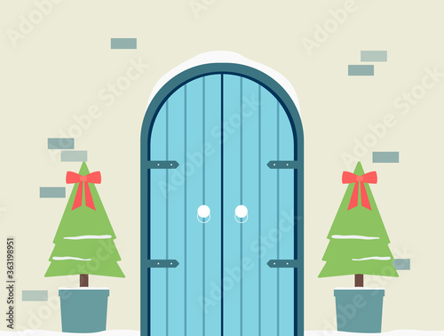 House front wooden doors and Christmas trees in pots, flat vector illustration.