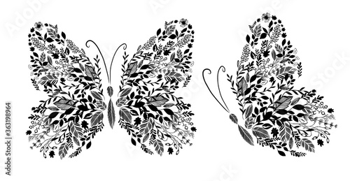 Monochrome abstract butterfly of flowers and leaves. Vector illustration