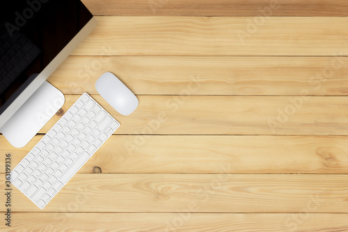 Desk top view, Wood table with office supplies , Office desktop workspace..