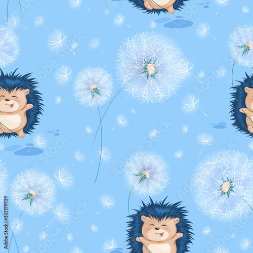 Vector seamless pattern with funny blue hedgehog and white summer dandelions. Children's cheerful print on a blue background.