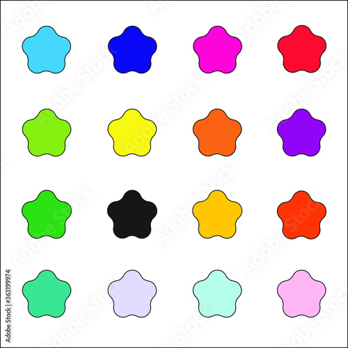 16 bright vibrant solid colored five sided cloud shape vector icon set on white background. Education, holiday and, birthday concepts. 