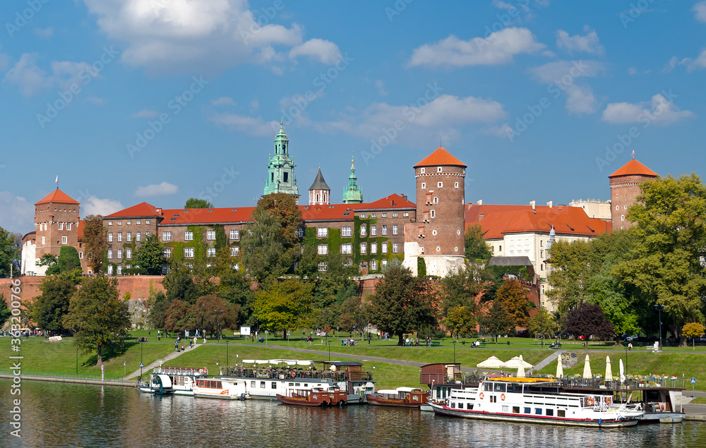 Wawel Castle in the day viewed from across the River Vistula in Krakow, Poland