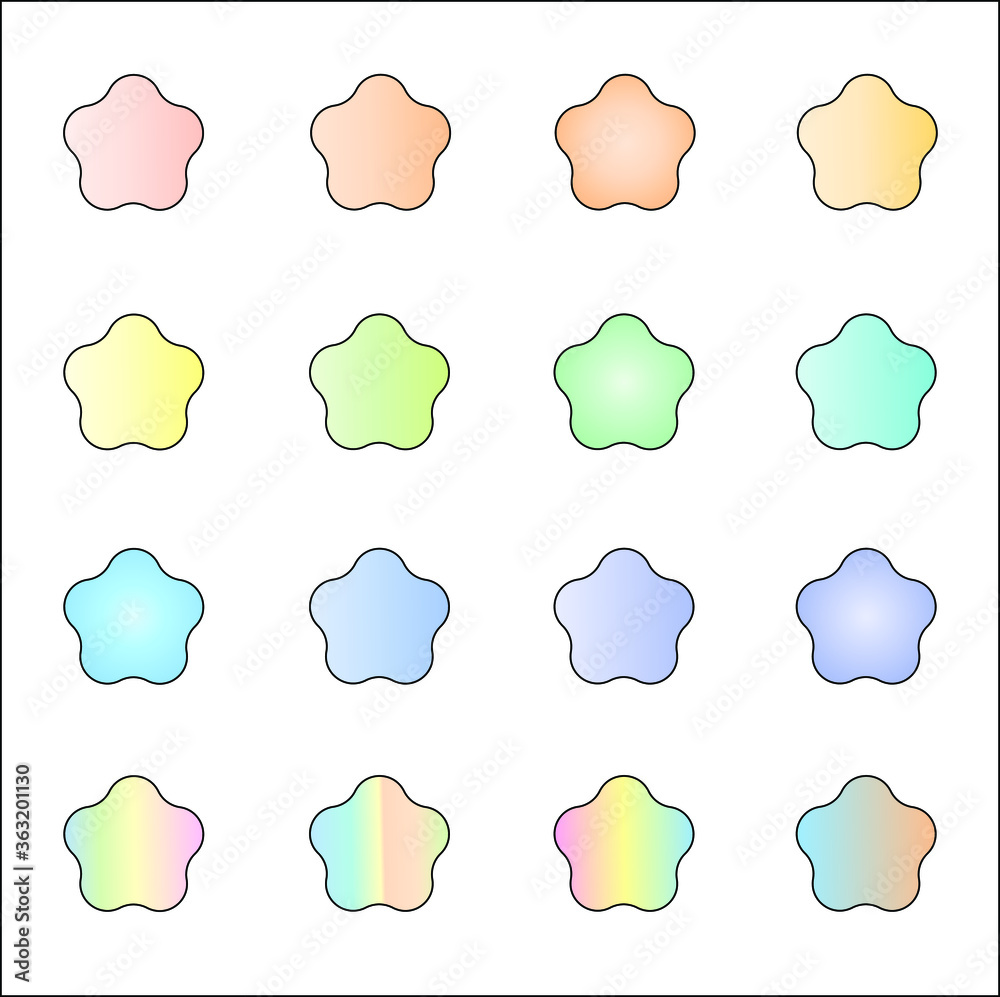 16 pastel vibrant solid colored five sided cloud shape vector icon set on white background. Easter, holiday and, birthday concepts. 16 pastel vibrant solid colored five sided cloud shape vector icon set on white background. Easter, holiday and, birthday concepts.