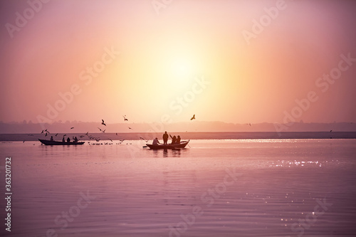 Photography Morning activities at River Ganges during sunrise, Varanasi, Ind