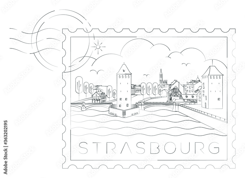Strasbourg urban skyline stamp,  vector illustration and typography design, Towers Bridges Ponts Couverts, Strasbourg, France