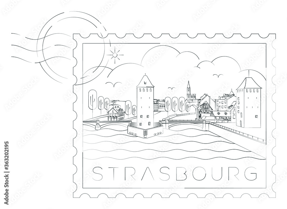 Strasbourg urban skyline stamp, vector illustration and typography design, Towers Bridges Ponts Couverts, Strasbourg, France Strasbourg urban skyline stamp, vector illustration and typography design, Towers Bridges Ponts Couverts, Strasbourg, France