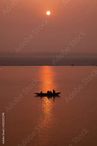 Morning activities at River Ganges during sunrise, Varanasi, India. © artqu