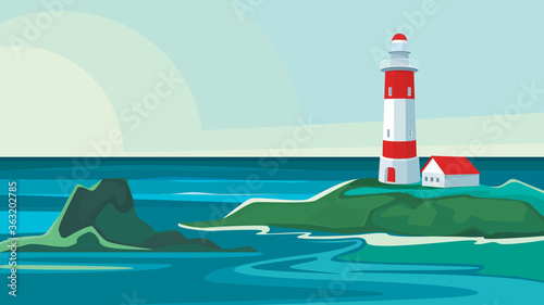 Seascape with lighthouse. Beautiful nature scenery.