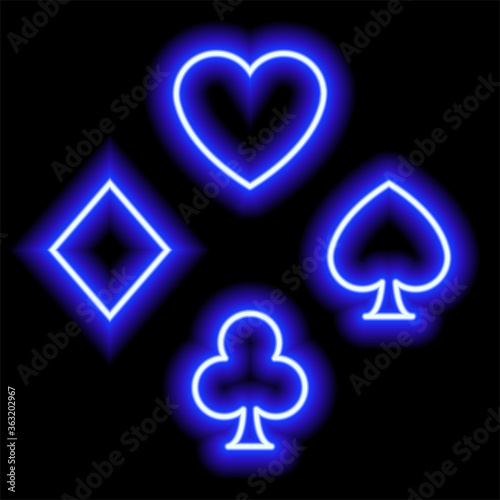 Blue neon symbols of card suits. Hearts, diamonds, clubs, spades. Suit icons
