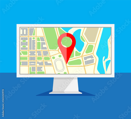 Computer monitor with map navigation on a screen. GPS navigator with red pinpoint. Computer screen display isolated on blue background. Vector illustration in a trendy flat style.