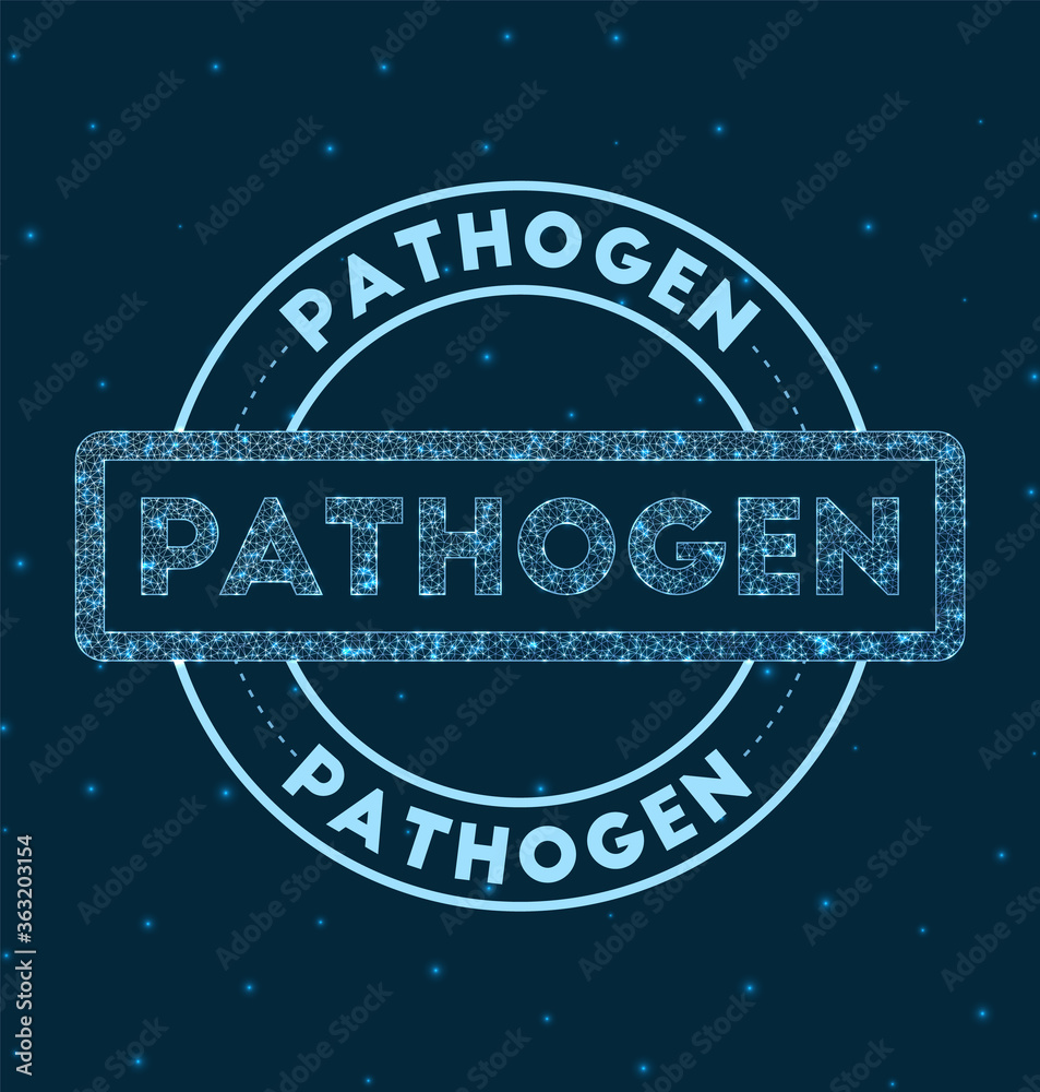 Pathogen. Glowing round badge. Network style geometric pathogen stamp in space. Vector illustration.