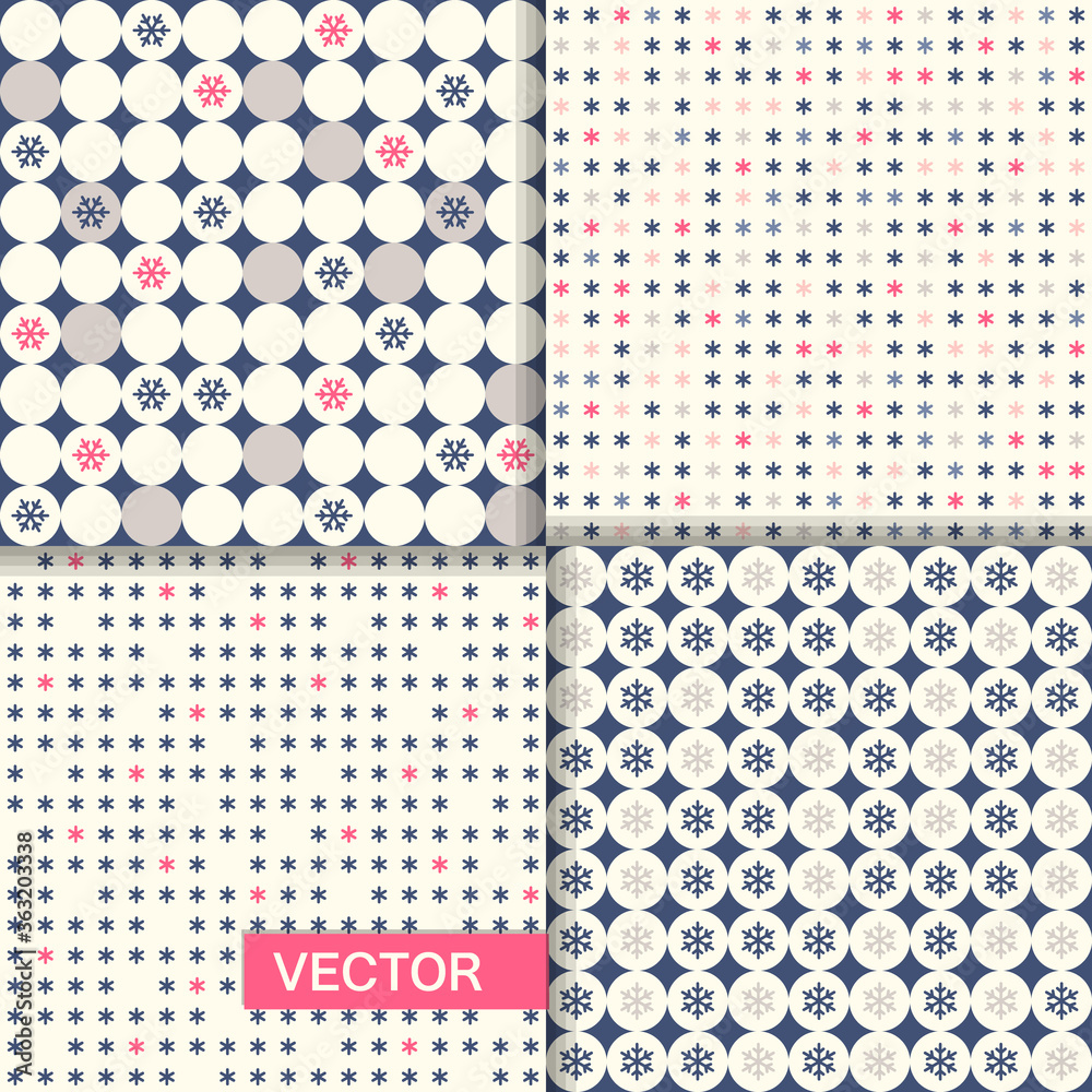Set of seamless geometric winter patterns with snowflakes and circles. Vector flat design.
