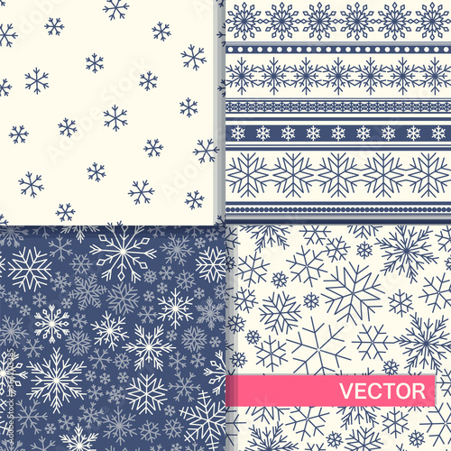 Set of seamless winter patterns with snowflakes. Vector flat design.
