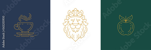 Vector line elegant decoration design elements set - lion head and apple illustrations linear style