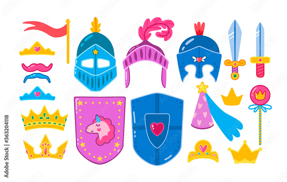 Photo booth props set for kids' medieval party. Cute vector cartoon masks and elements for funny photos. Girlish props for little princess and knight.
