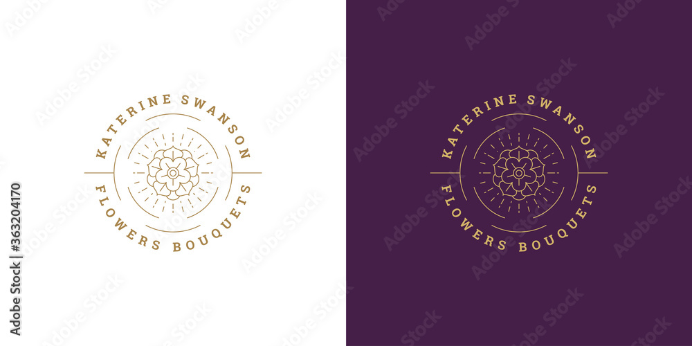 Flower petal line and branch with leaves vector logo emblem design template illustration simple minimal linear style Flower petal line and branch with leaves vector logo emblem design template illustration simple minimal linear style