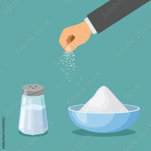 Salt in a shaker with metal cap and in a bowl. Hand sprinkles salt. Baking and cooking ingredient. Cartoon vector food seasoning. Kitchen utensils in a trendy flat design isolated on blue background. 