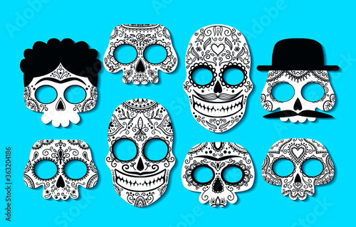 Photo booth props for Dia de los Muertos. Masks with hand-drawn doodles. Vector set.
