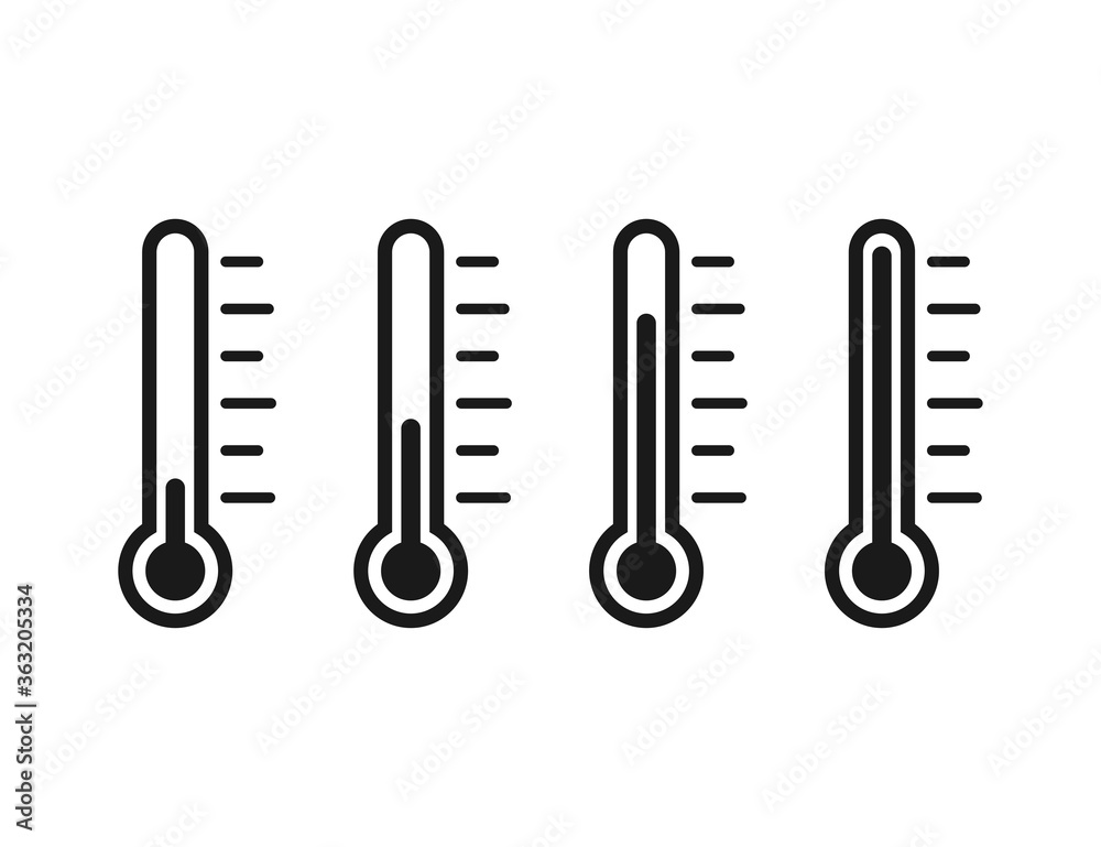 Set of thermometer icons. Temperature measuring tool. Black transparent outline degree scale. Medicine thermometer with level indicator. Cold and hot climate. Vector EPS 10. Set of thermometer icons. Temperature measuring tool. Black transparent outline degree scale. Medicine thermometer with level indicator. Cold and hot climate. Vector EPS 10.