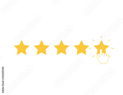 Five yellow stars with clicking hand. Quality rank set. Best choice illustration. Hand touching last star. Rating sign. Feedback and review set with simple stars shape. Vector EPS 10. photo