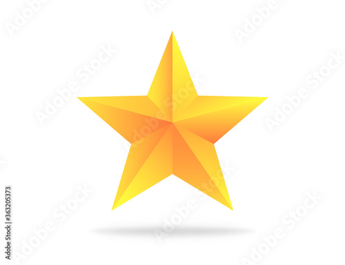Realistic yellow star. Gold rating three-dimensional award. Metallic star shape with shadow. Rating icon with gradient. Isolated one metallic star. Vector EPS 10.