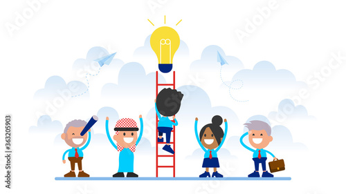 Businessman goes up the stairs, this is his path to success. He search for ideas, colleagues cheer him up.
