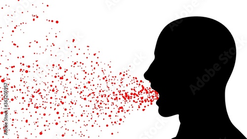 Person breathing , coughing releases germs in air. Airborne microdroplets , disease emitted from open mouth , sneezing.  3d rendering illustration .