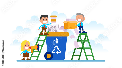 Employees are engaged in the disposal of garbage, waste paper, save the planet, save energy. Earth day concept vector.
