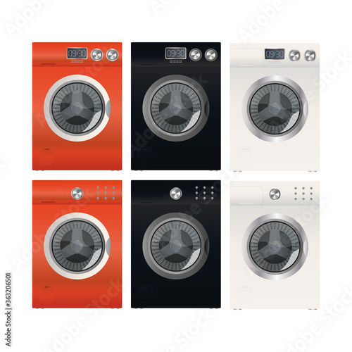 Set of modern washing machines isolated on a white background. Stylish washing machine. Realistic style. Vector.