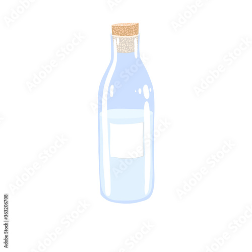 Vector image of a glass bottle with milk. Bottle with a cork. Zero waste. A bottle with a label under the name.