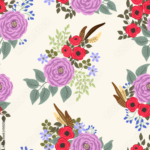 Boho seamless floral pattern with feathers, roses, daisy, marguerite, green and silver twigs. Folk style millefleurs. Plant background for textile, wallpaper, pattern fills, covers, surface, print