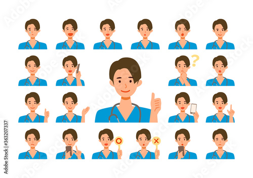 Face expressions of a healthcare professional man in scrub. Different male emotions and poses set.