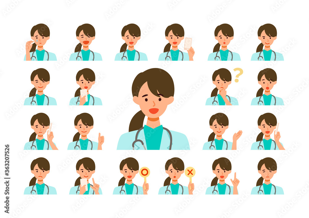 Face expressions of a doctor woman in lab coat. Different female emotions and poses set. Face expressions of a doctor woman in lab coat. Different female emotions and poses set.