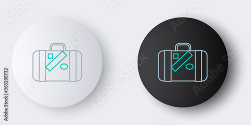 Line Suitcase for travel and stickers icon isolated on grey background. Traveling baggage sign. Travel luggage icon. Colorful outline concept. Vector.